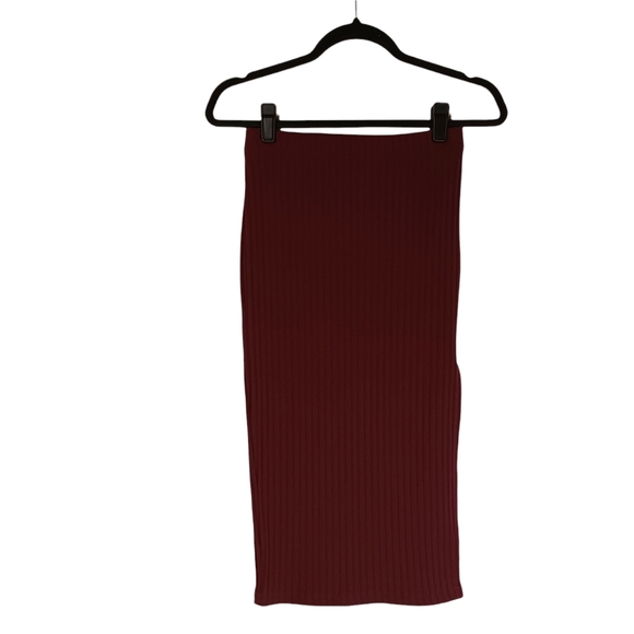 FOREVER 21 Burgundy Red Ribbed Pull On Stretchy Side Slit Midi Skirt Small - Picture 2 of 10